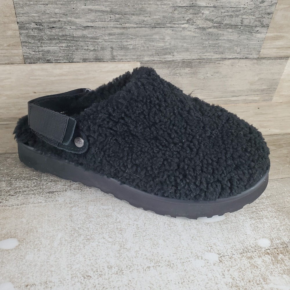 UGG Lanah Women Clog Slippers Sz 9 Black Sheepskin Comfort Slingback Hook & Loop